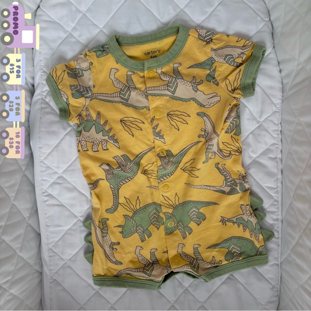 ⭒ 6M Carter's Romper Dinosaur Print Yellow Green Cotton Spring Summer Playful ⭒